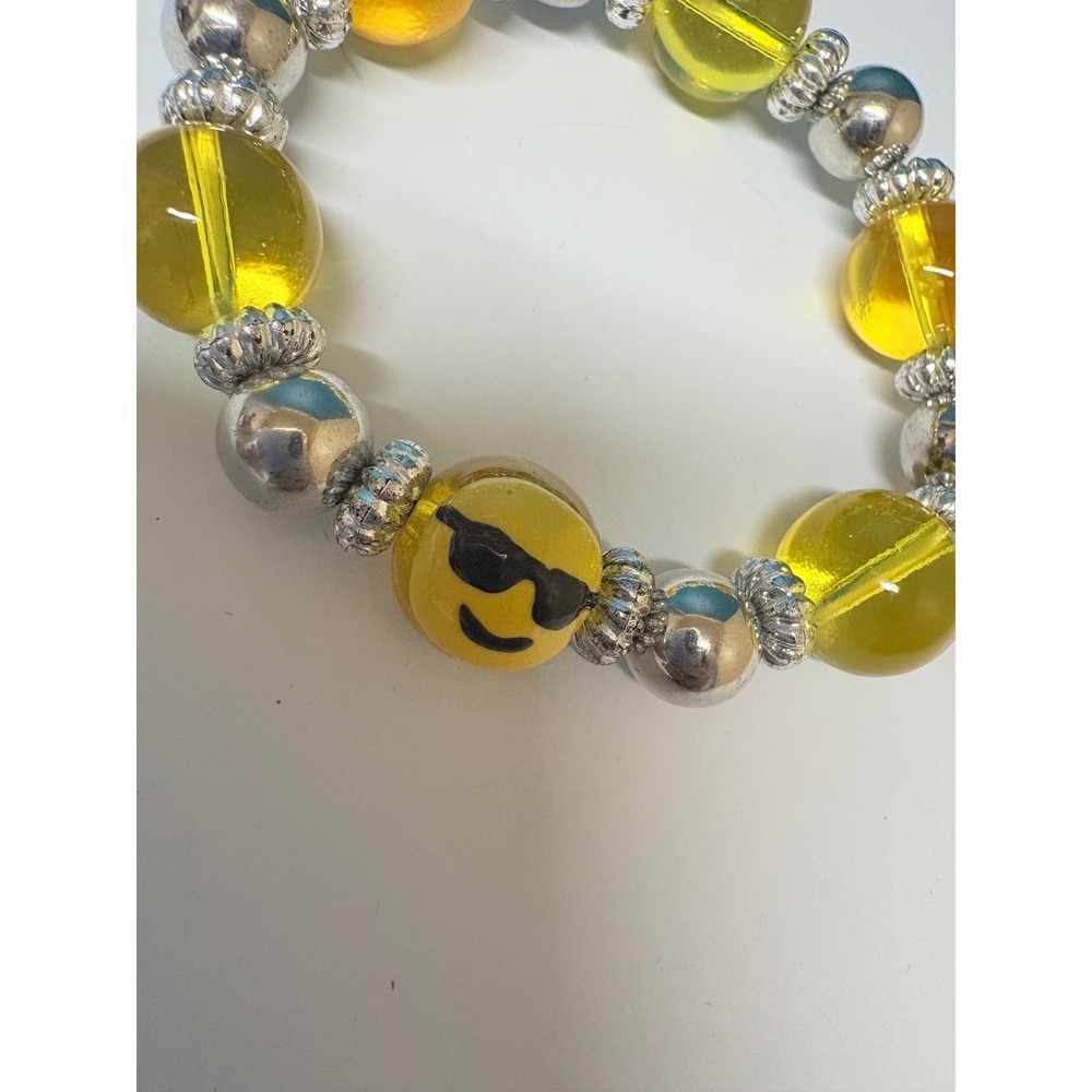 Yellow Emoji Beaded Stretch Bracelet Silver Tone Spacers Sunglasses Smiley Face